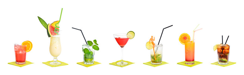 Seven classic cocktails in a row. Famous and popular alcoholic beverages in fancy glasses. From left to right Americano, Pina colada, Mojito, Cosmopolitan, Caipirinha, Tequila sunrise, and Cuba libre.