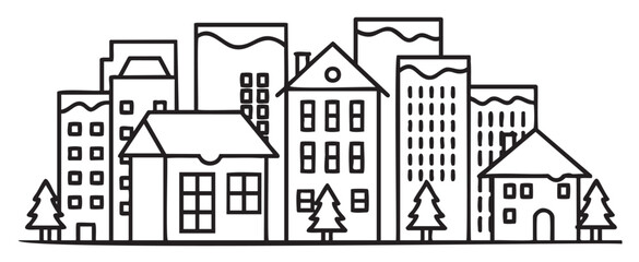 Obraz premium Black-and-white cityscape line drawing with trees and buildings - stock vector