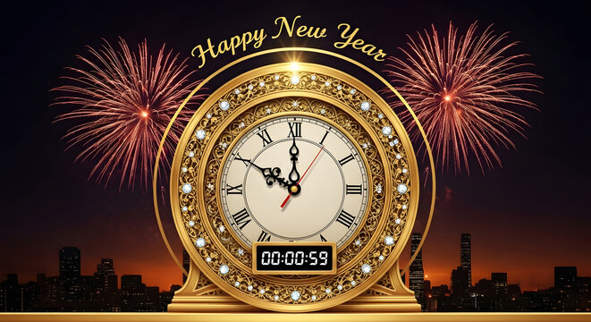 new years eve clock striking midnight with fireworks