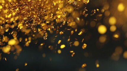 Numerous glittering gold particles suspended against a dark backdrop,