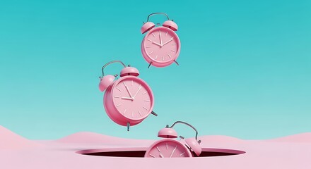 Three pink alarm clocks floating in a surreal landscape with pink sand and blue sky