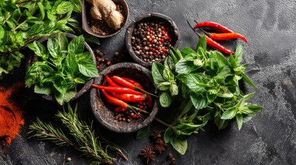 A vibrant assortment of fresh green herbs and red chilies arranged with rosemary,