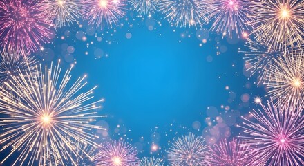 Colorful fireworks exploding in the night sky, creating a festive frame with a blue background and bokeh effect, perfect for celebrations