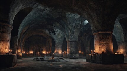 Fototapeta premium Dark underground catacombs with stone archways and flickering torches