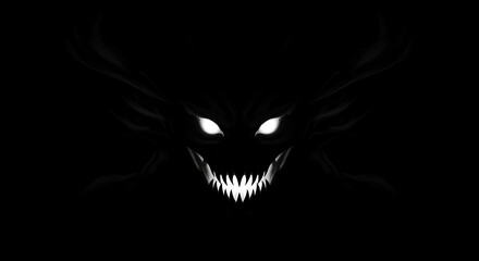Dark monster face with glowing eyes and sharp teeth