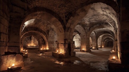 Obraz premium Dark underground catacombs with stone archways and flickering torches