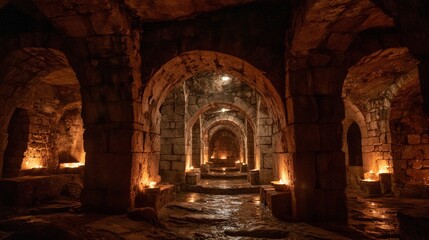 Fototapeta premium Dark underground catacombs with stone archways and flickering torches