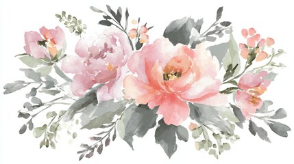 Exquisite watercolor rendering of blooming pink peonies with green foliage and delicate buds,