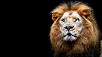 Majestic lion with striking blue eyes gazing intently against a black background.