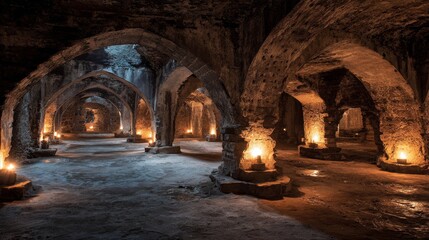 Dark underground catacombs with stone archways and flickering torches