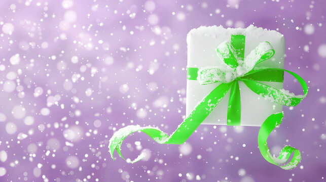 Gift box with green ribbon surrounded by falling snowflakes on a purple background during winter season