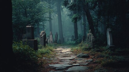 Fototapeta premium Dark forest path leading to creepy old cemetery with weathered tombstones and fog rolling between trees