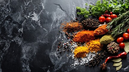 A vibrant assortment of spices and fresh ingredients arranged on a dark marble surface,