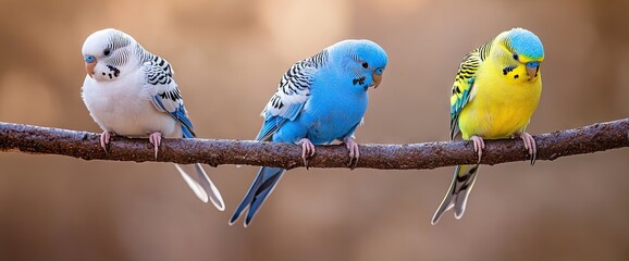 Three vibrant parakeets in white, blue, and yellow-green plumage perch side by side on a wooden branch against a blurred background