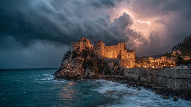 Mysterious medieval castle on cliff overlooking stormy ocean. Dark stone walls