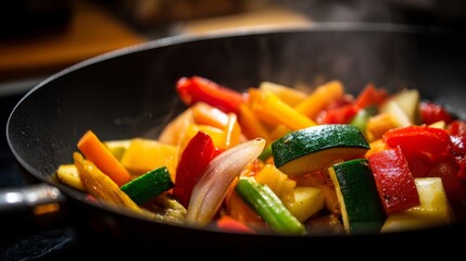 Freshly stir-fried colorful vegetables in a black skillet, including red bell peppers, green zucchini, yellow squash,