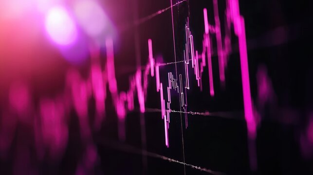 Abstract glowing pink and purple financial graph on a dark digital display, symbolizing real-time market trends, stock data analysis, and technological advancements in the global economy