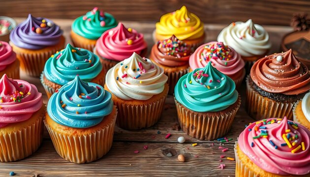 Assorted cupcakes with colorful frosting and sprinkles on a rustic wooden table,  festive,  sugary