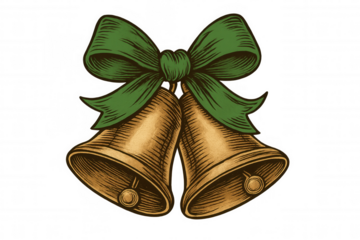 Christmas jingle bells with green ribbon bow, vintage style holiday season decoration elements, transparent background