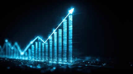 A digital graph illustrates rising trends in a high-tech setting. Bright blue lines and bars depict growth emphasizing financial success and innovation.