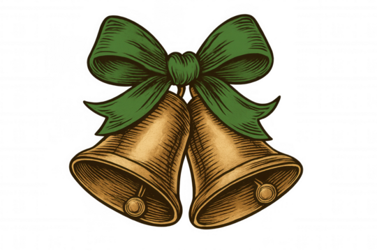Christmas jingle bells with green ribbon bow, vintage style holiday season decoration elements, transparent background