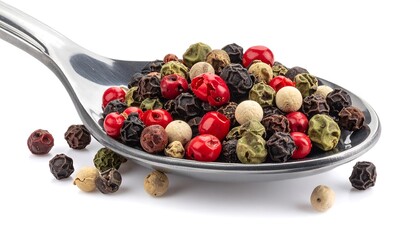 Assorted peppercorns in a spoon