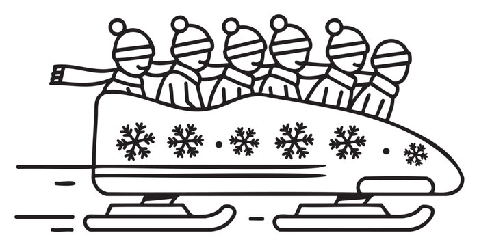 Cartoon group bobsledding in winter gear on snowflake-decorated sled - stock vector