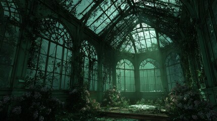 Spooky Victorian greenhouse overgrown with twisted vines. Broken glass panels and mysterious green glow