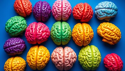Vibrant colored brains arranged in a flat lay, showcasing neurological concepts,   neurological disorder,  medical