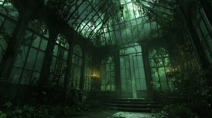 Spooky Victorian greenhouse overgrown with twisted vines. Broken glass panels and mysterious green glow