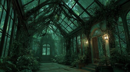 Spooky Victorian greenhouse overgrown with twisted vines. Broken glass panels and mysterious green glow