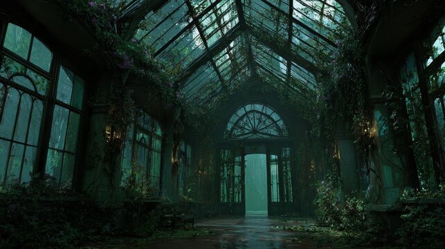 Spooky Victorian greenhouse overgrown with twisted vines. Broken glass panels and mysterious green glow - Powered by Adobe