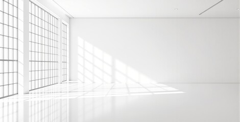 Obraz premium Bright empty interior space with large grid windows casting shadows on white walls and floor for architecture or poster mockup concept scene. Ai generative