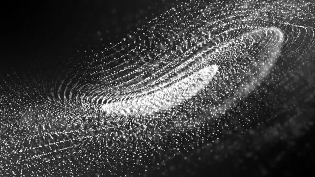 Halftone Glowing Spheres of Particles Molecules Moving in Circles Energy Target with Wave Movements Seismic Zone Abstract Background 4K Animation for Science Music Ads and Presentation Intros