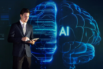 Speaker presents artificial intelligence AI concepts at a technology conference