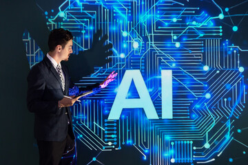 Speaker presents artificial intelligence AI concepts at a technology conference