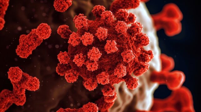 A detailed 3D rendering of the SARS-CoV-2 virus particle, the pathogen causing the COVID-19 disease, on a dark background showing spike proteins - Powered by Adobe