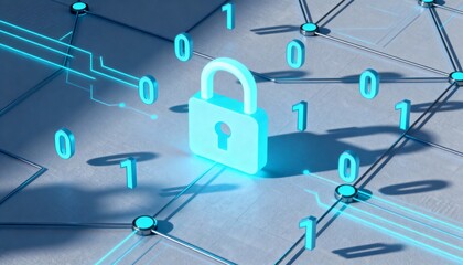 Abstract glowing padlock icon surrounded by binary code, digital cyber security network background