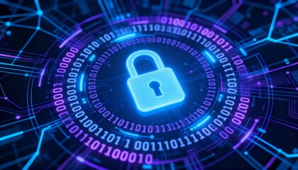 Abstract glowing padlock icon surrounded by binary code, digital cyber security network background