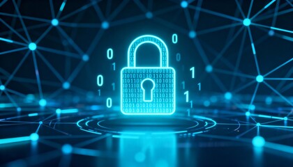 Abstract glowing padlock icon surrounded by binary code, digital cyber security network background