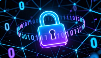 Abstract glowing padlock icon surrounded by binary code, digital cyber security network background