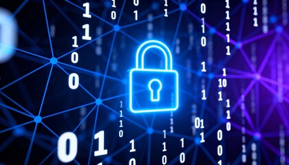 Abstract glowing padlock icon surrounded by binary code, digital cyber security network background