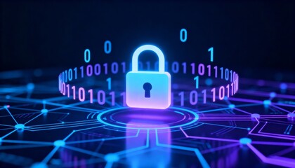 Abstract glowing padlock icon surrounded by binary code, digital cyber security network background