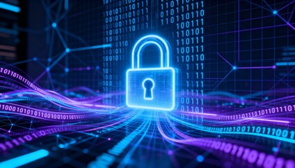 Abstract glowing padlock icon surrounded by binary code, digital cyber security network background