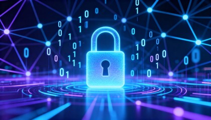Abstract glowing padlock icon surrounded by binary code, digital cyber security network background
