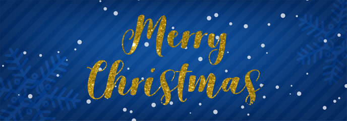 A festive banner with the words 'Merry Christmas' in golden sparkly glitter script on a blue background with snowflakes and stars.