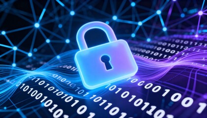 Abstract glowing padlock icon surrounded by binary code, digital cyber security network background