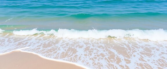 Serene turquoise ocean waves gently lapping a sandy shore, background, summer