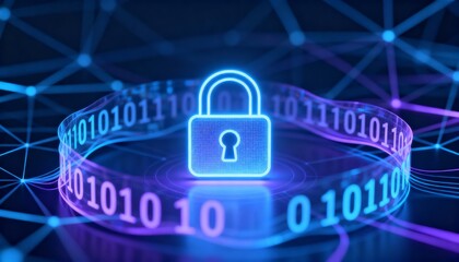 Abstract glowing padlock icon surrounded by binary code, digital cyber security network background