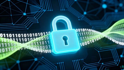 Abstract glowing padlock icon surrounded by binary code, digital cyber security network background